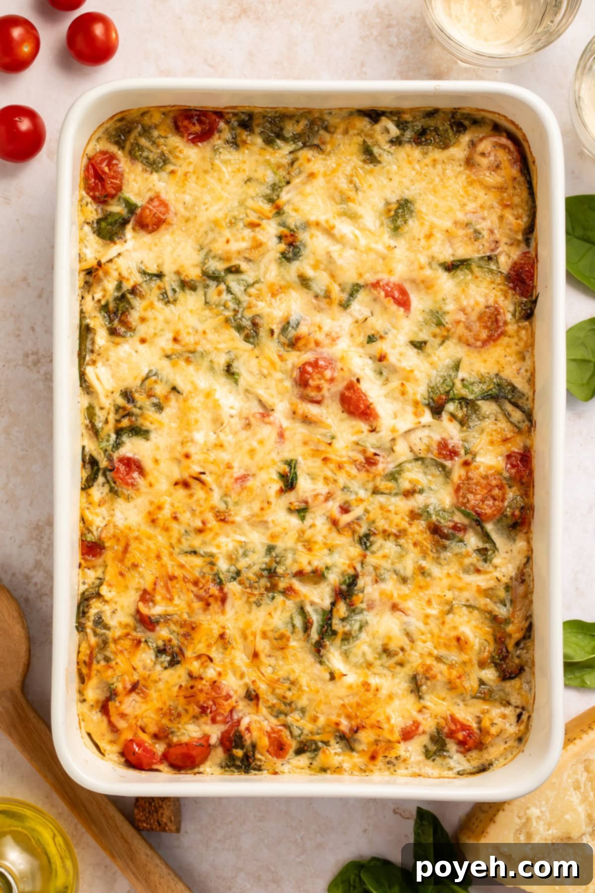 Overhead picture of a chicken and orzo pasta bake with a melted cheese top, garnished with fresh herbs.