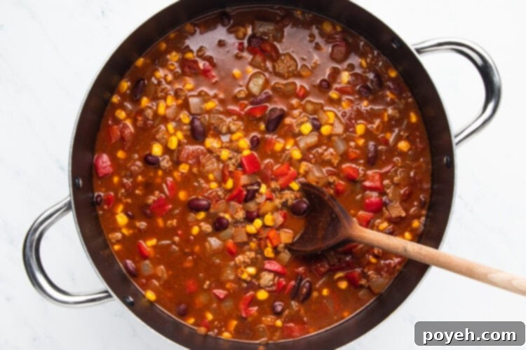 A large pot of chili simmering, showing beef, beans, tomatoes, and corn melding together.