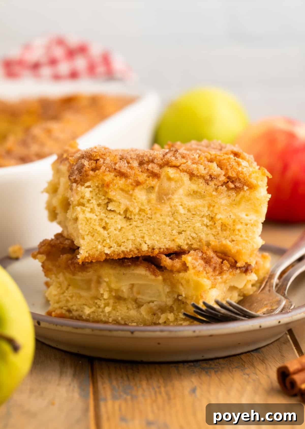 Slice of apple cake with a cinnamon sugar topping on a grey plate, with the pan of cake and fresh apples in the background.