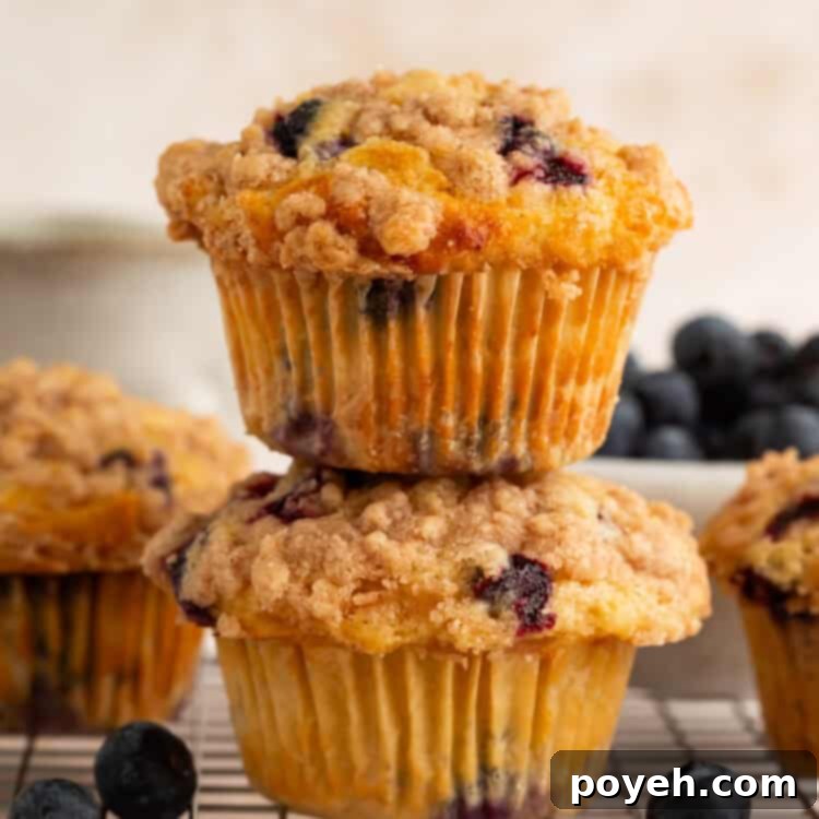 Two golden-brown high protein blueberry muffins stacked on a wire cooling rack, showcasing their fluffy texture and delicious crumb topping, ready to be enjoyed.