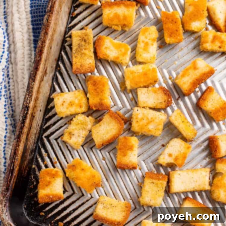 Close up of golden crispy gluten-free croutons on a baking sheet, presented as the main recipe image.