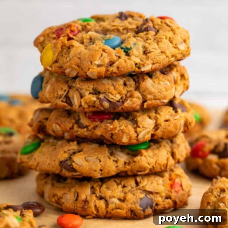 A stack of golden-brown Gluten-Free Monster Cookies with colorful M&M's and chocolate chips on baking parchment.