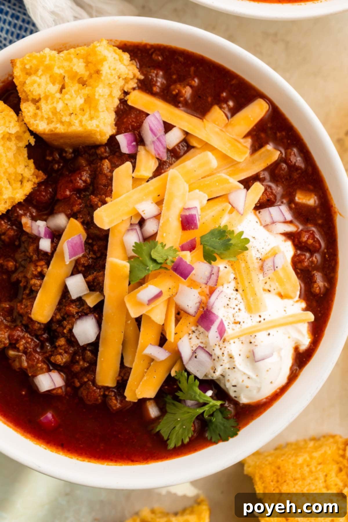 Close-up of a white bowl containing deep red low carb chili topped with a large dollop of sour cream, thick shreds of yellow cheddar cheese, diced purple onion, and chopped parsley.