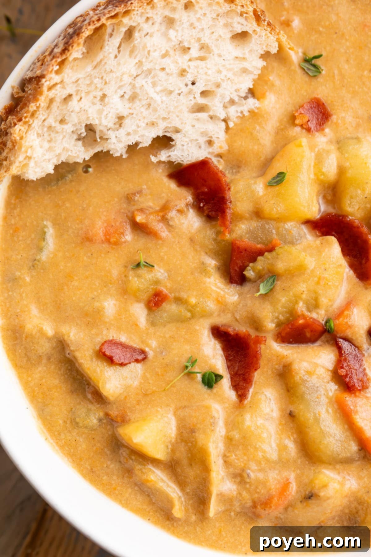 Close-up of a bowl of creamy vegan potato soup with chunky potatoes and a large piece of crusty bread resting in the bowl, inviting and warm.
