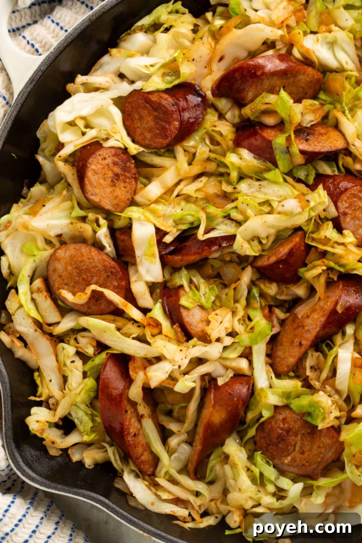 Kielbasa and cabbage in a large skillet, ready to be served.