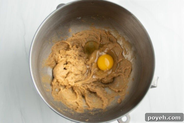 Overhead view of creamed butter and sugar in a stand mixer bowl with one egg, still unincorporated, ready to be mixed.