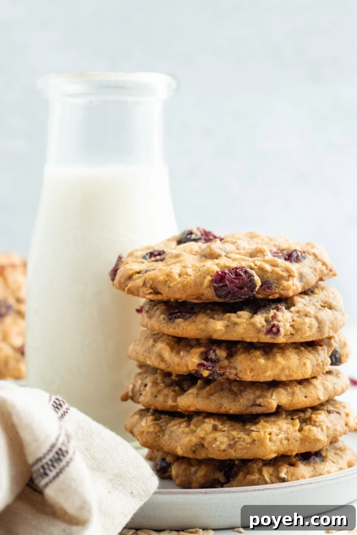A charming stack of freshly baked cranberry oatmeal cookies next to a bottle of milk and a cozy cloth napkin, ready for a comforting snack.