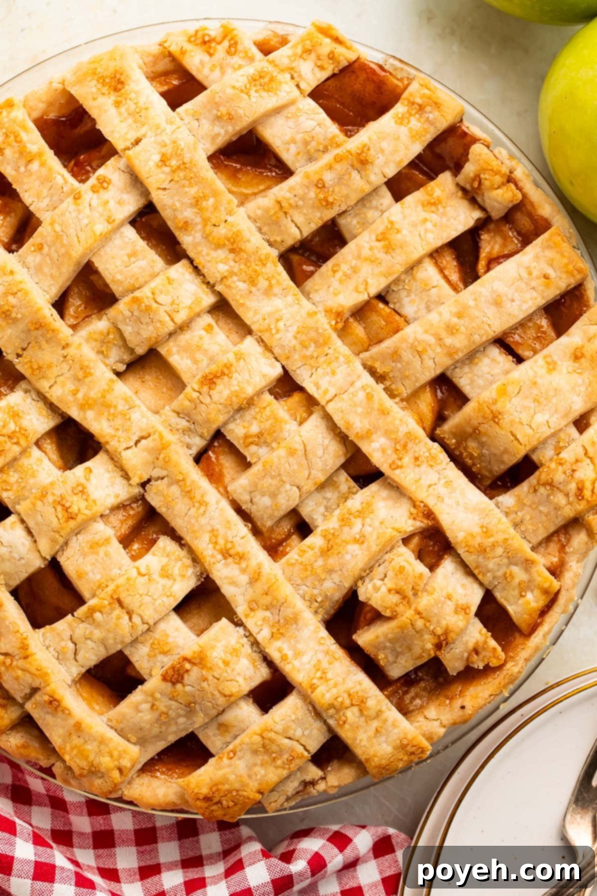 An appetizing overhead shot of a fully-baked vegan apple pie nestled in a classic pie plate, showcasing its golden, perfectly latticed crust and tantalizing aroma.