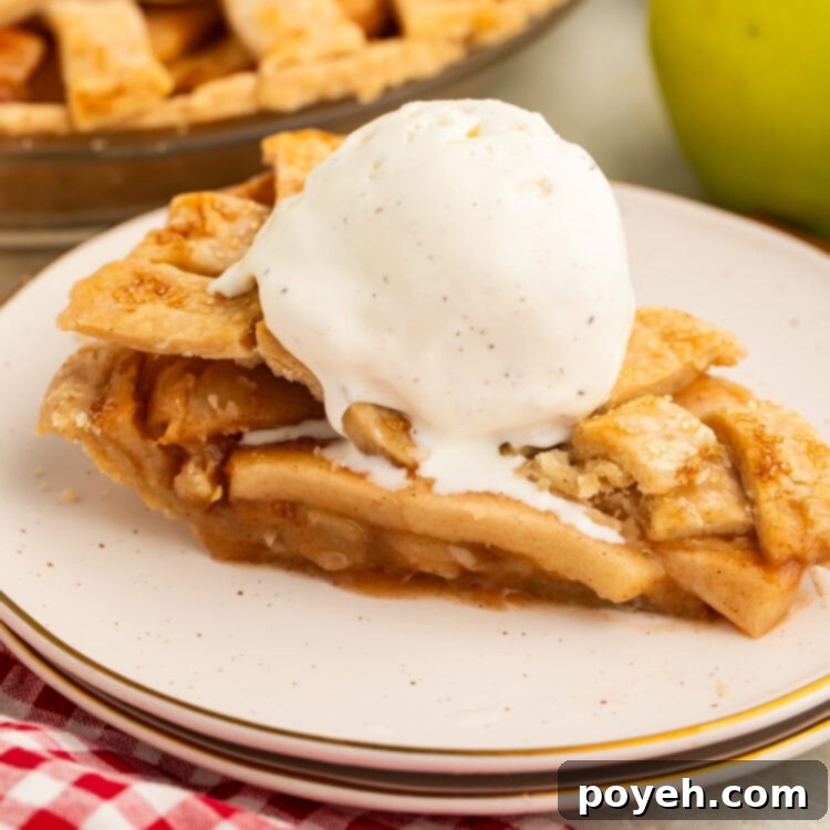 A slice of warm, crisp vegan apple pie topped with a scoop of vanilla bean vegan ice cream rests on a plate, ready to be served.