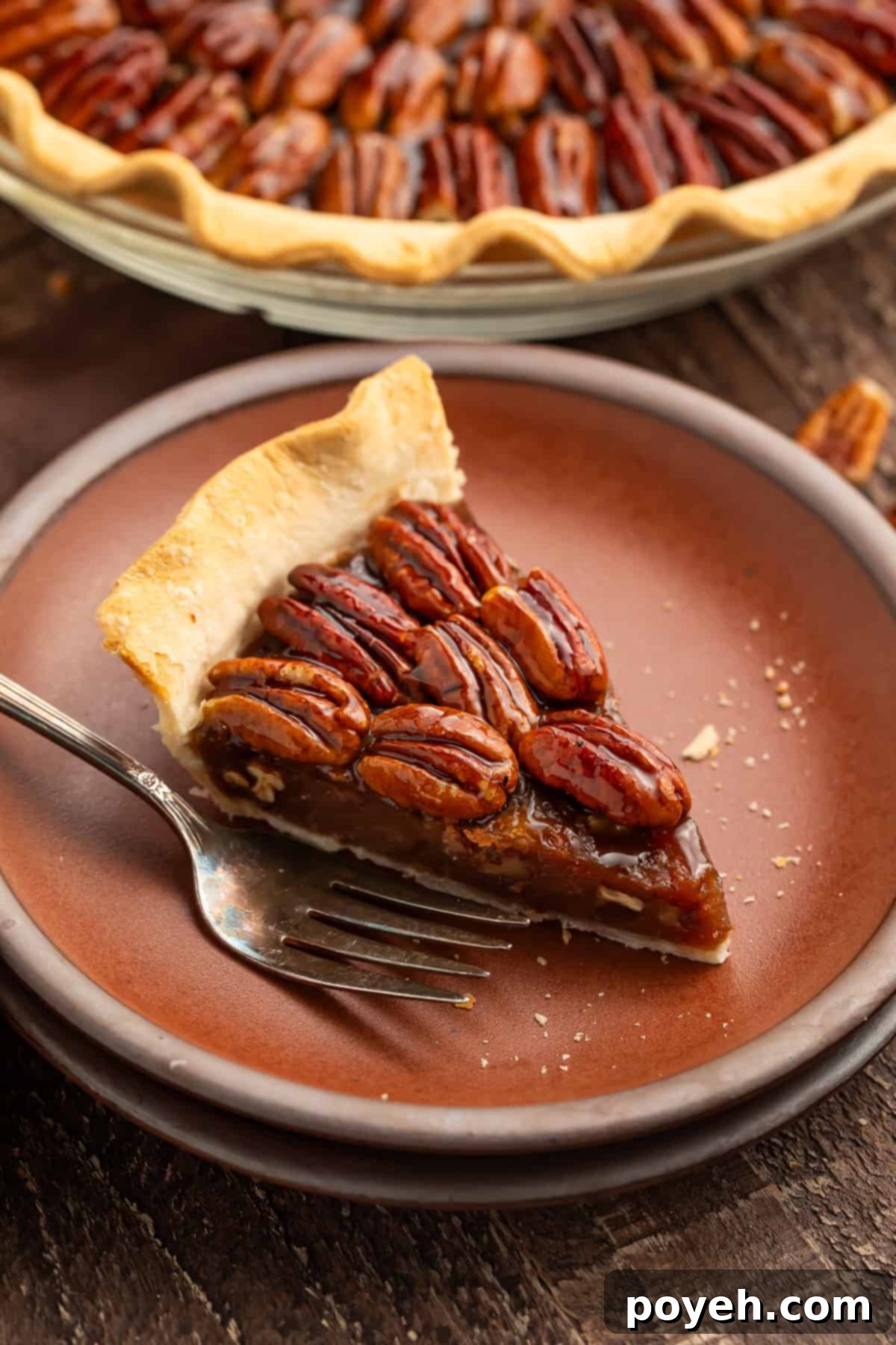 Slice of pecan pie with a fork on a brown plate. The rest of the pie is just visible in the background.