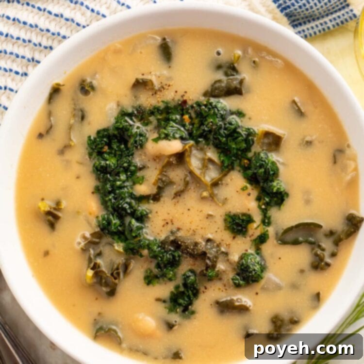 Top-down view of a bowl of creamy kale and white bean soup finished with gremolata.