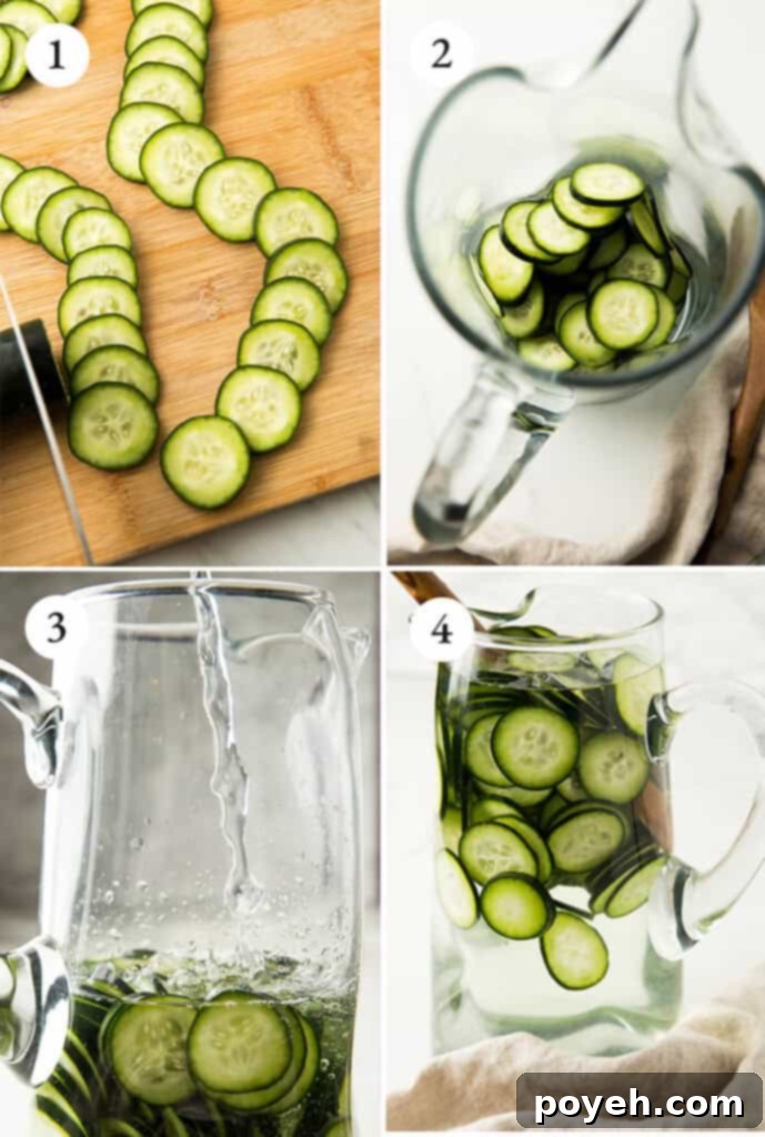 Effortless Cucumber Water for Ultimate Refreshment 3 step by step tutorial for cucumber infused water showing sliced cucumbers in a pitcher