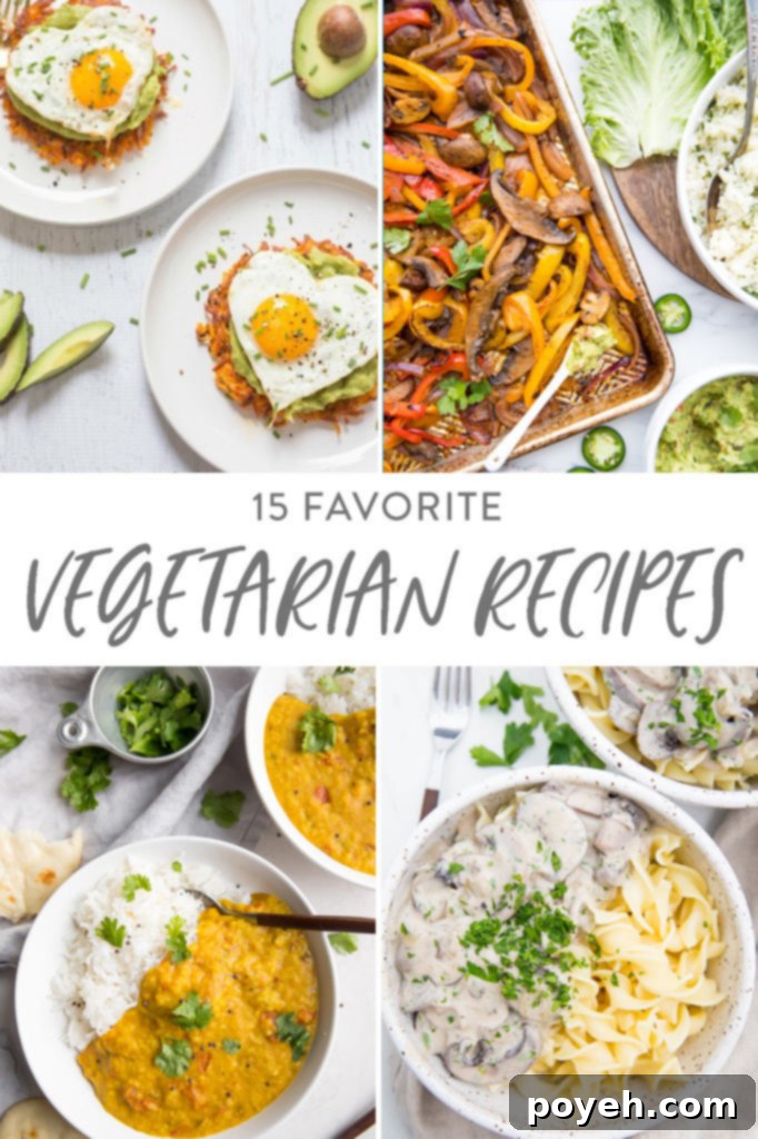 A vibrant collection of 15 favorite vegetarian recipes, showcasing diverse plant-based meals from hearty chilis to fresh salads, inspiring delicious meatless options.