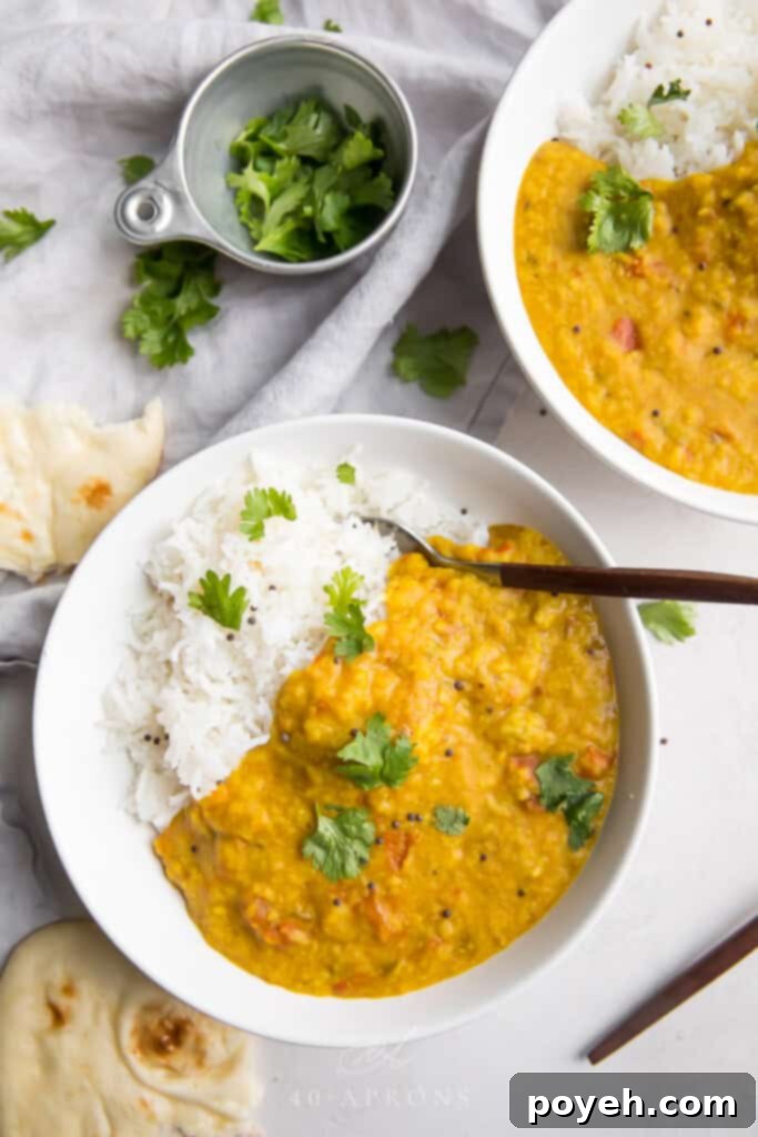An overhead shot of a steaming bowl of Instant Pot Dal, a classic Indian lentil dish, garnished with fresh cilantro and served with basmati rice.