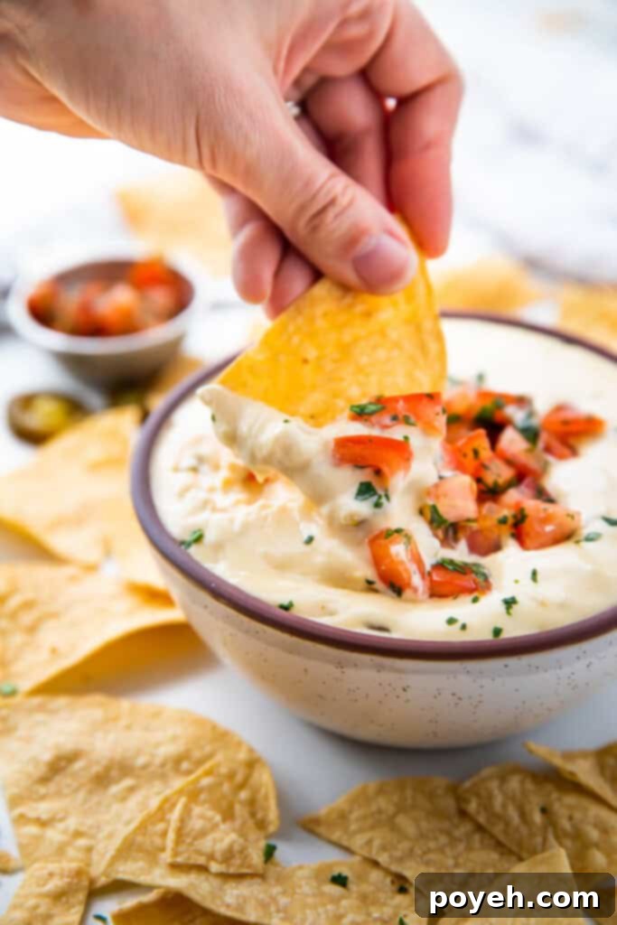 A chip being dipped into a luscious bowl of white queso