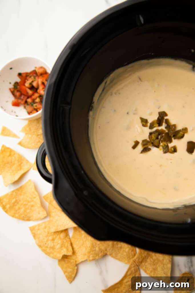 Melted, bubbling Crockpot queso dip ready to serve