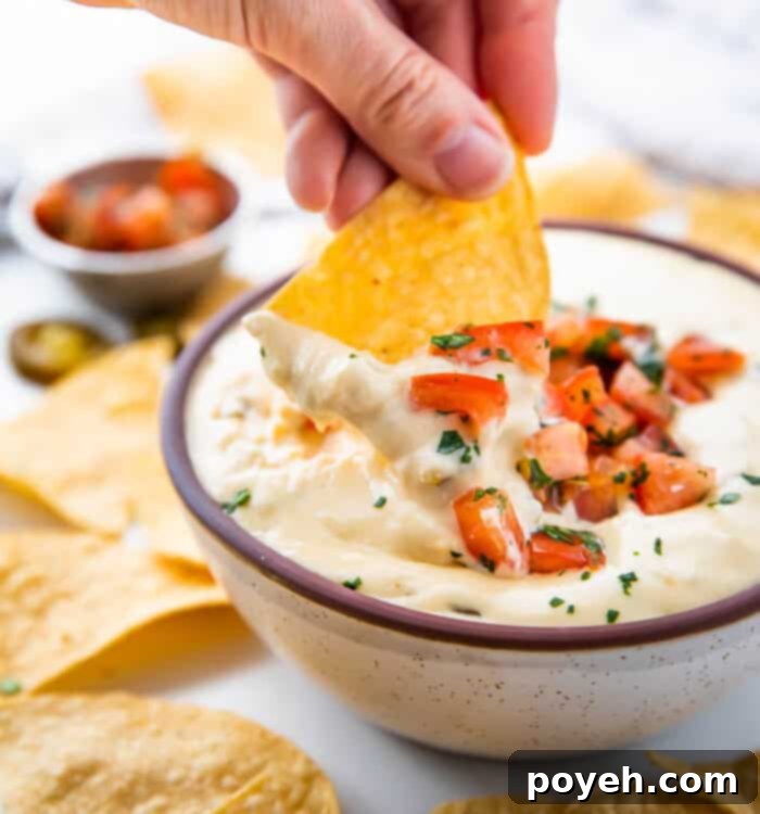 A chip being dipped into a bowl of white queso