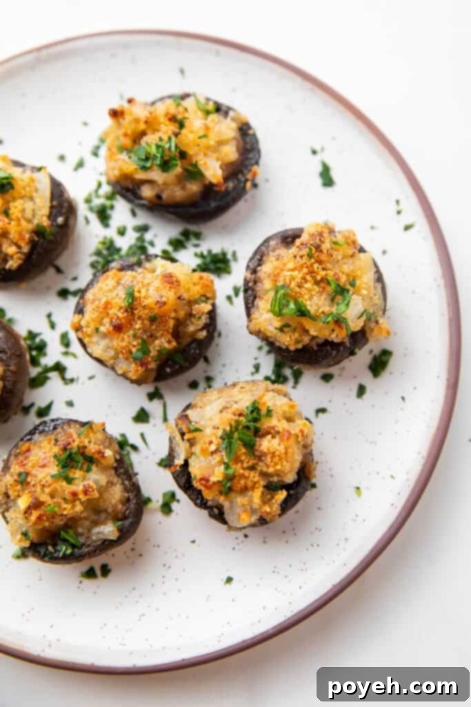 Wholesome Stuffed Mushroom Bites 5 Beautifully presented vegetarian stuffed mushrooms on a white plate, garnished with fresh parsley.