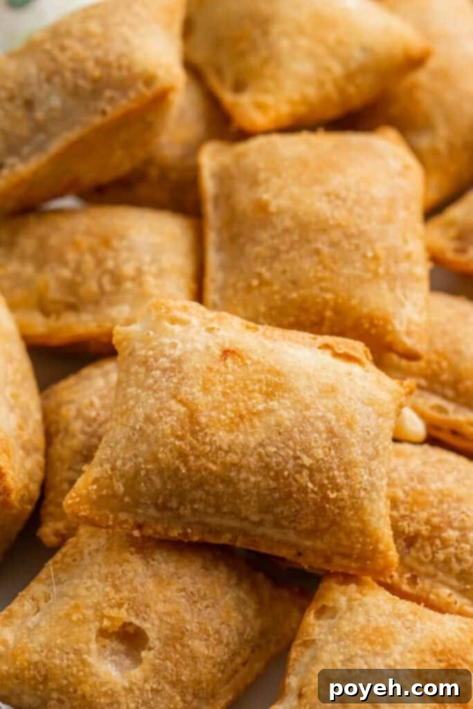 Close up of a single air-fried pizza roll showing its perfectly crispy texture and golden crust, ready for dipping