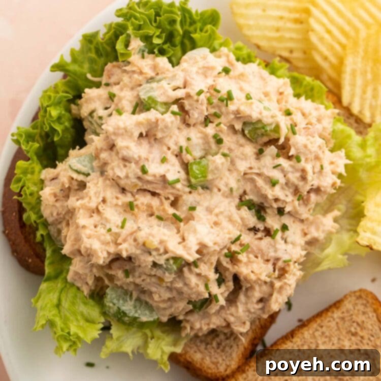 Easy tuna salad on a piece of toast with lettuce.