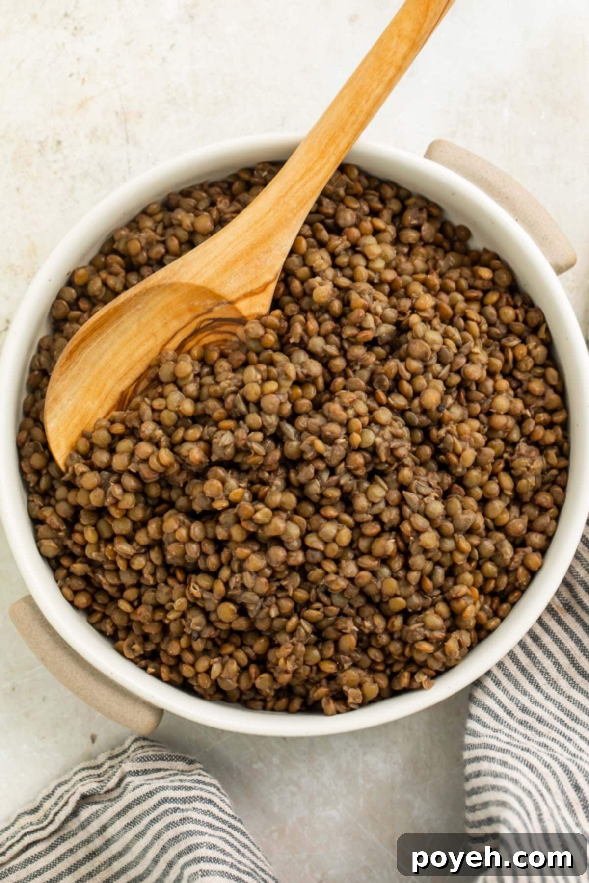 A rustic wooden spoon gently stirs a bowl of steaming French green lentils, beautifully presented on a tabletop with a striped dish towel, ready to be served.
