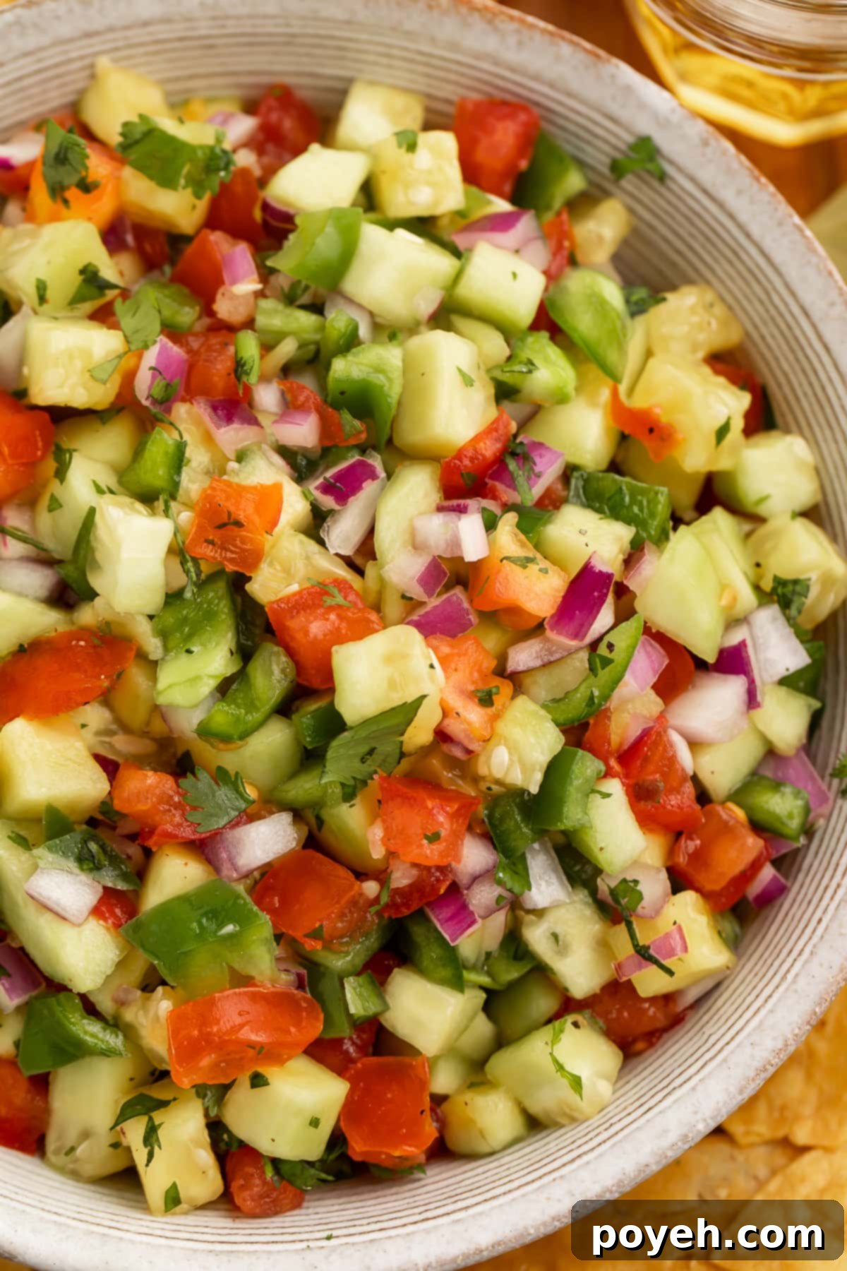 Close-up overhead shot of vibrant cucumber salsa with diced tomatoes, red onion, and cilantro in a large bowl, ready to be served.