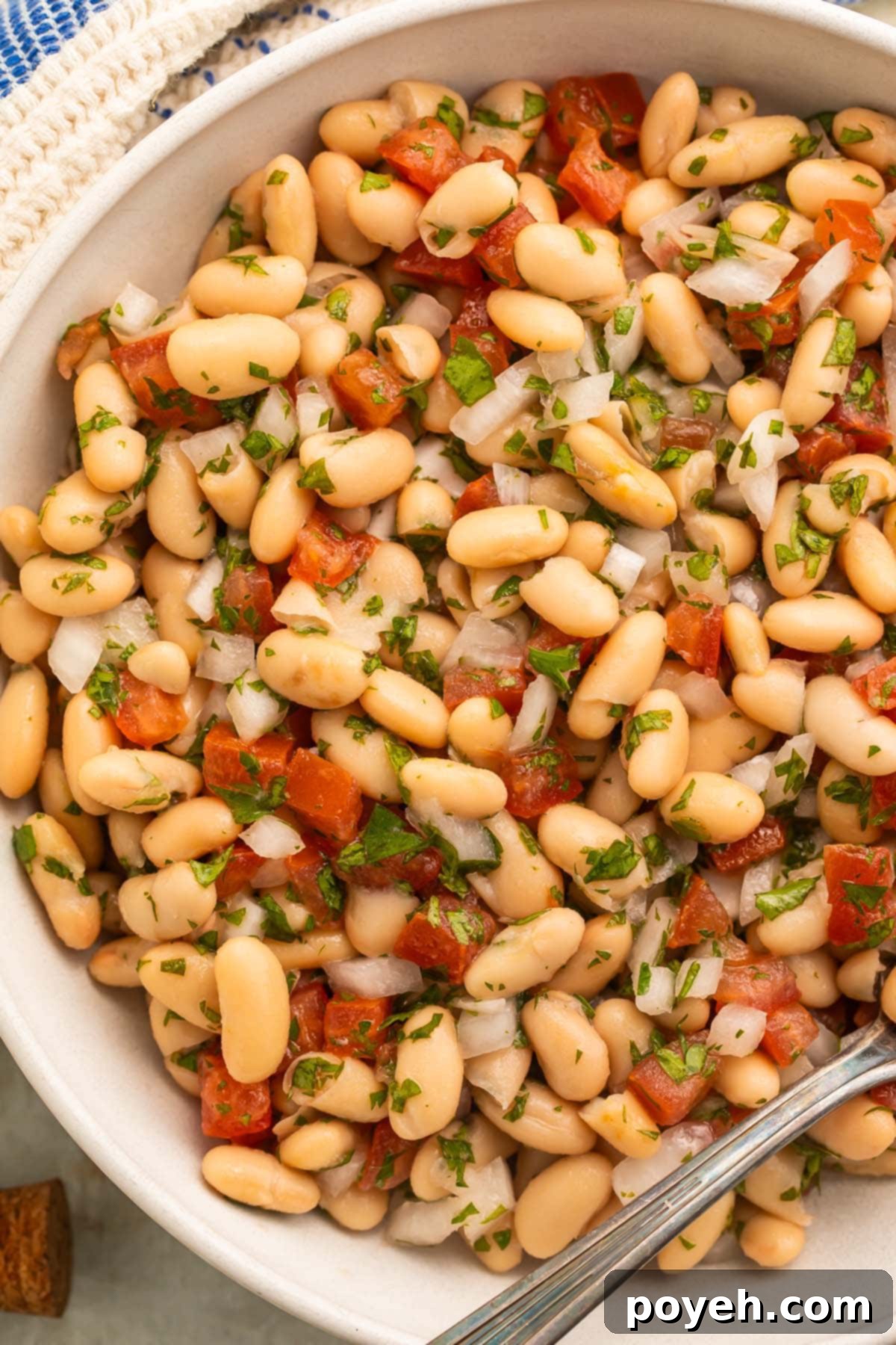 Mediterranean White Bean Salad 2 A close-up view of a large white bowl filled with a fresh and vibrant white bean salad, featuring tender white beans, diced red tomatoes, finely chopped red onion, and fresh green parsley, all glistening with a light vinaigrette dressing. Perfect for summer gatherings.