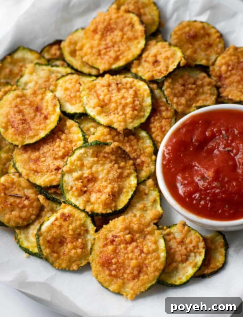 Close up of golden brown air fryer zucchini chips on a white plate with a side of creamy dipping sauce, highlighting their crispy texture and delicious appearance.