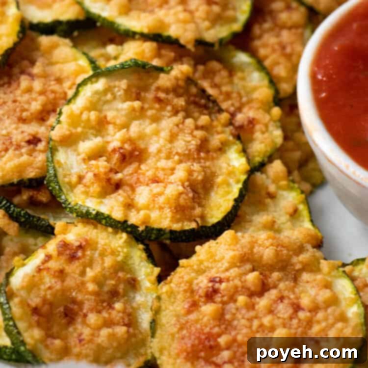 Close up photo of golden brown, crispy air-fried zucchini chips sprinkled with parmesan cheese, showcasing their perfect texture for a delicious snack.
