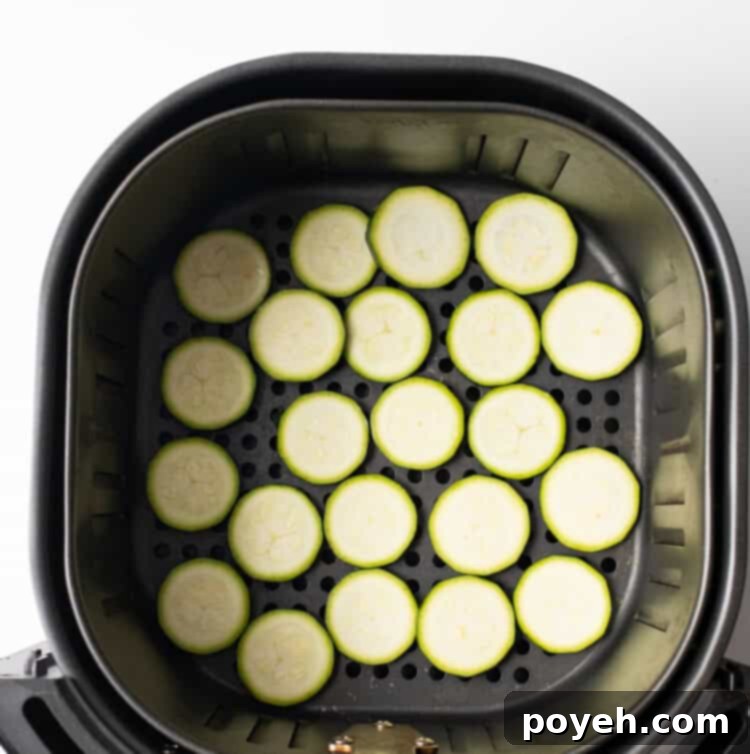 Zucchini slices neatly arranged in a single layer in an air fryer basket, ready for cooking.