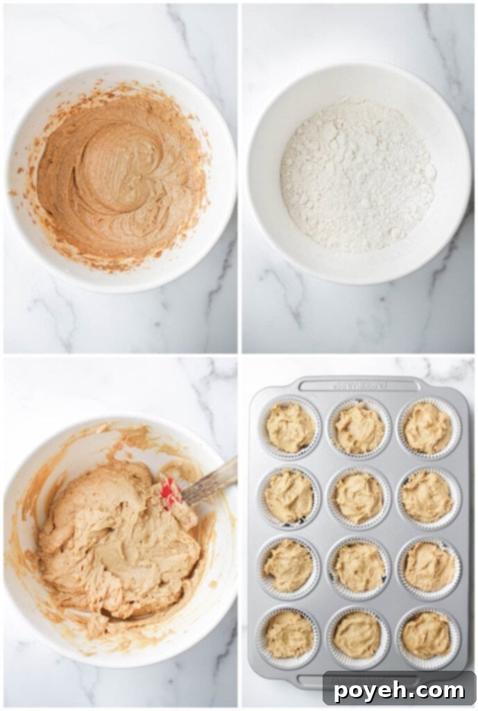 Step-by-step visual instructions for preparing lemon muffins, showing various stages of mixing and baking.