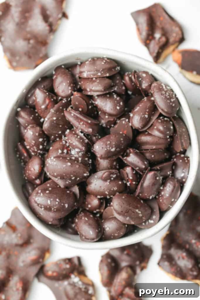 Decadent Chocolate Almonds 5 Overhead shot of a bowl brimming with finished chocolate covered almonds.