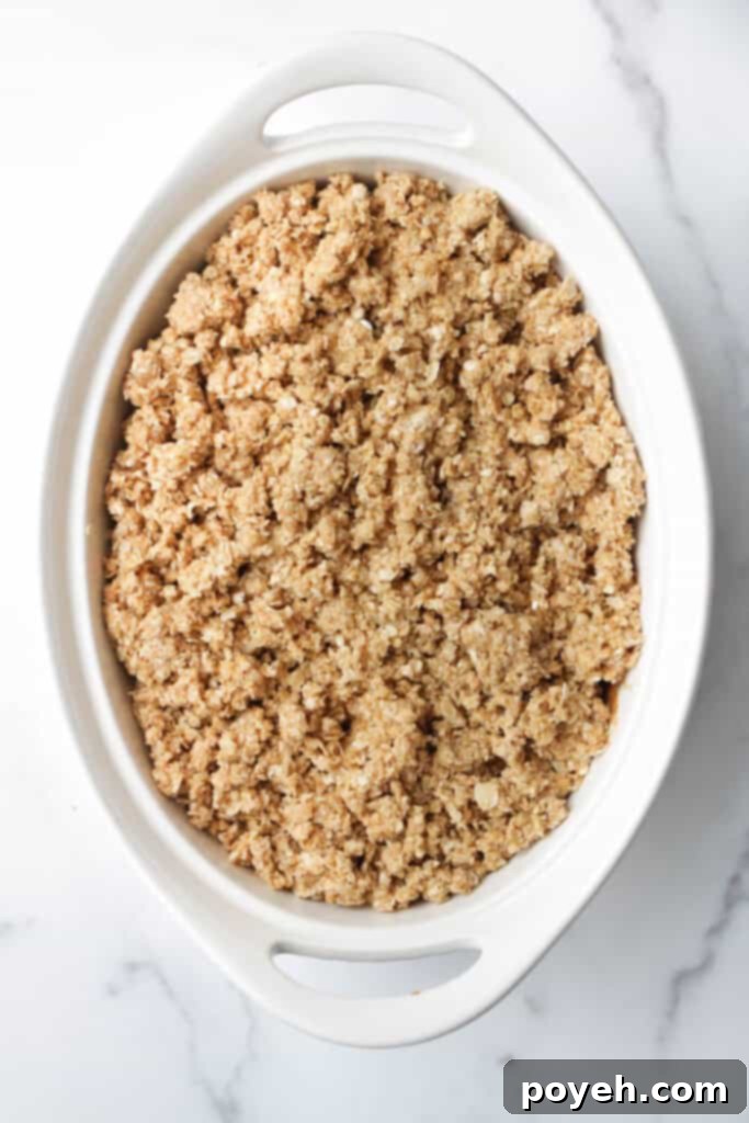 Cozy Vegan Apple Crumble 4 A bowl of the raw oat crisp topping mixture, showing its coarse, crumbly texture, ready to be spread.