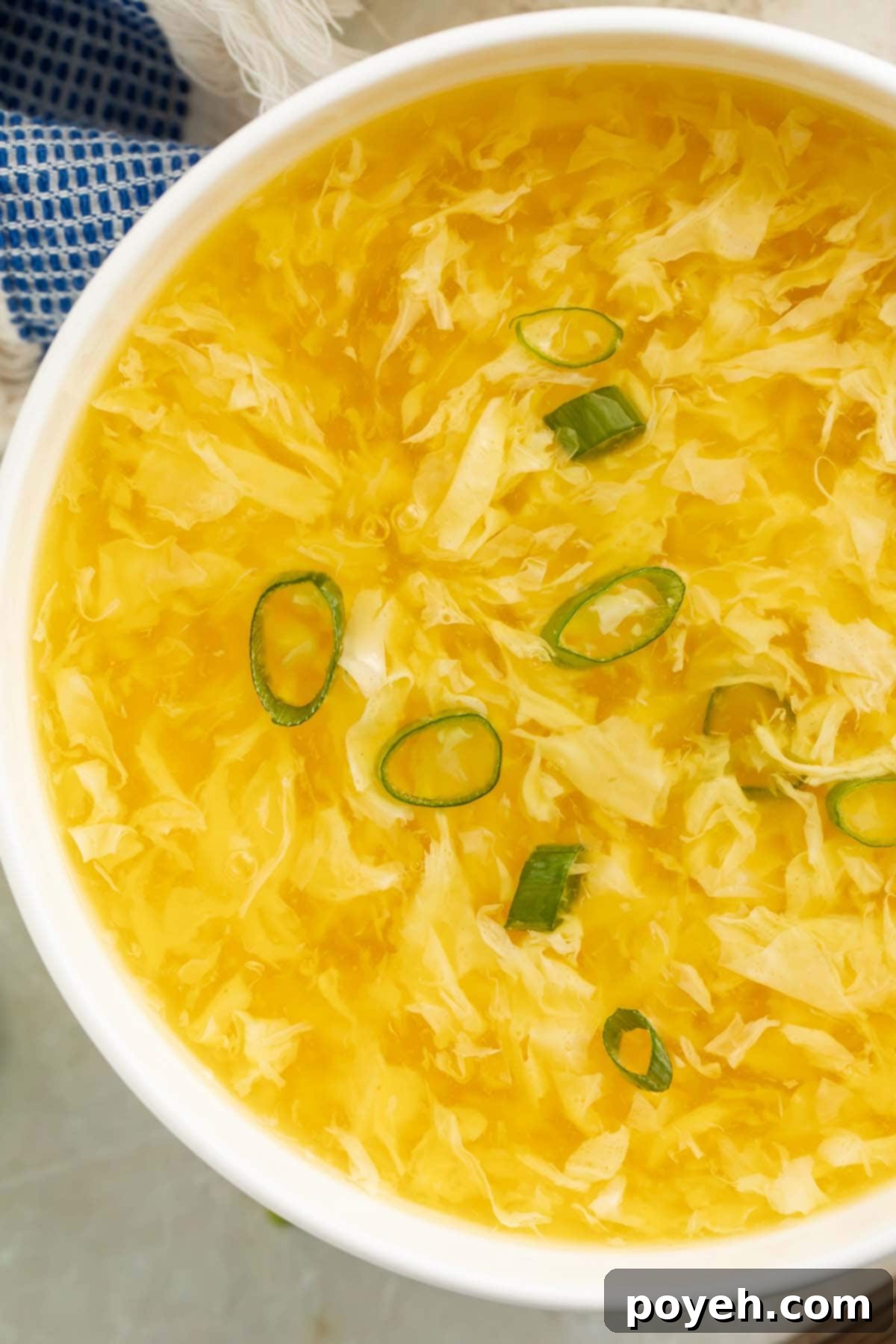 Close-up of a steaming bowl of keto egg drop soup, garnished generously with vibrant sliced green onions, promising a warm and savory experience.