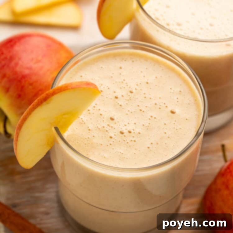 Close up of a pair of apple smoothies; the glasses are garnished with thin apple slices.
