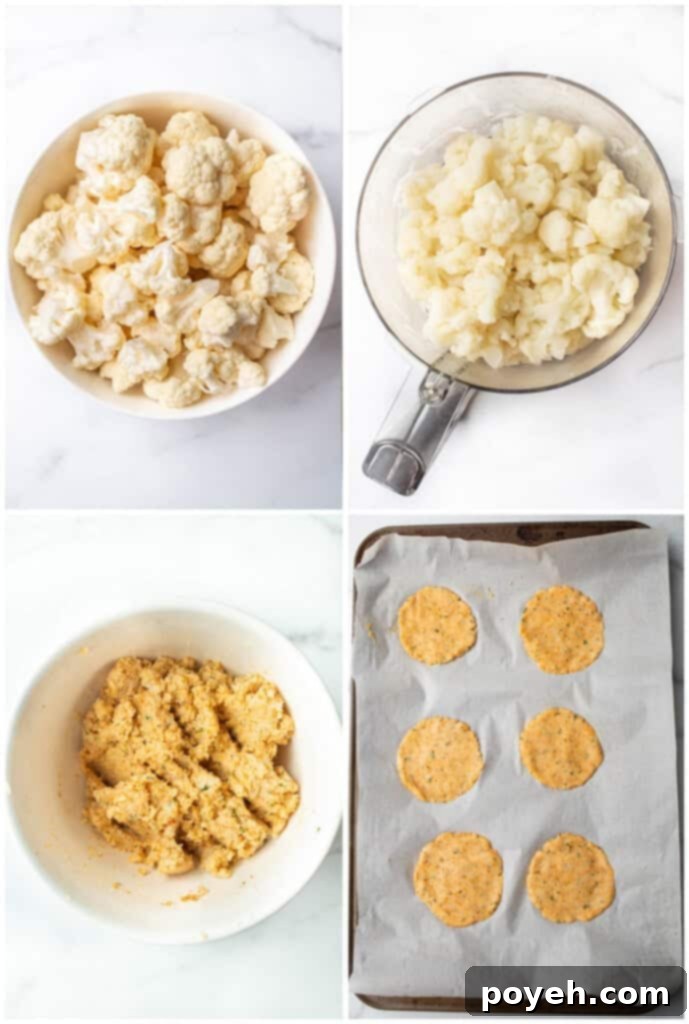 A step-by-step visual guide demonstrating how to prepare cauliflower chips, showing steaming, processing, mixing, and shaping.
