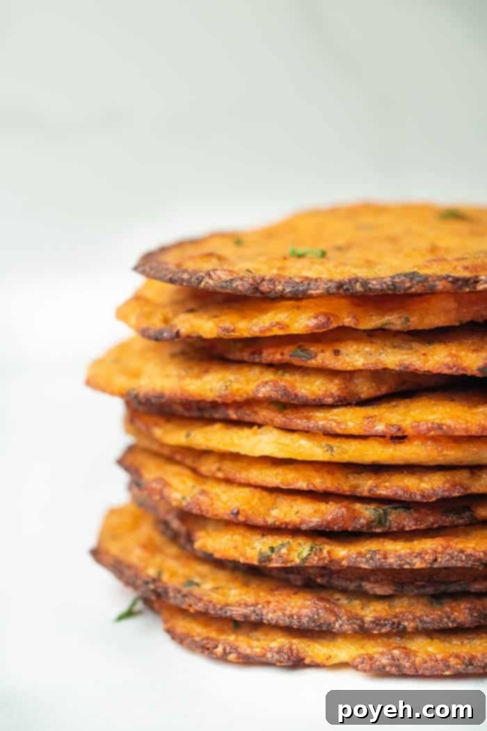 A perfectly stacked pile of golden brown cauliflower chips, showcasing their irresistible crispiness and delicious appeal.