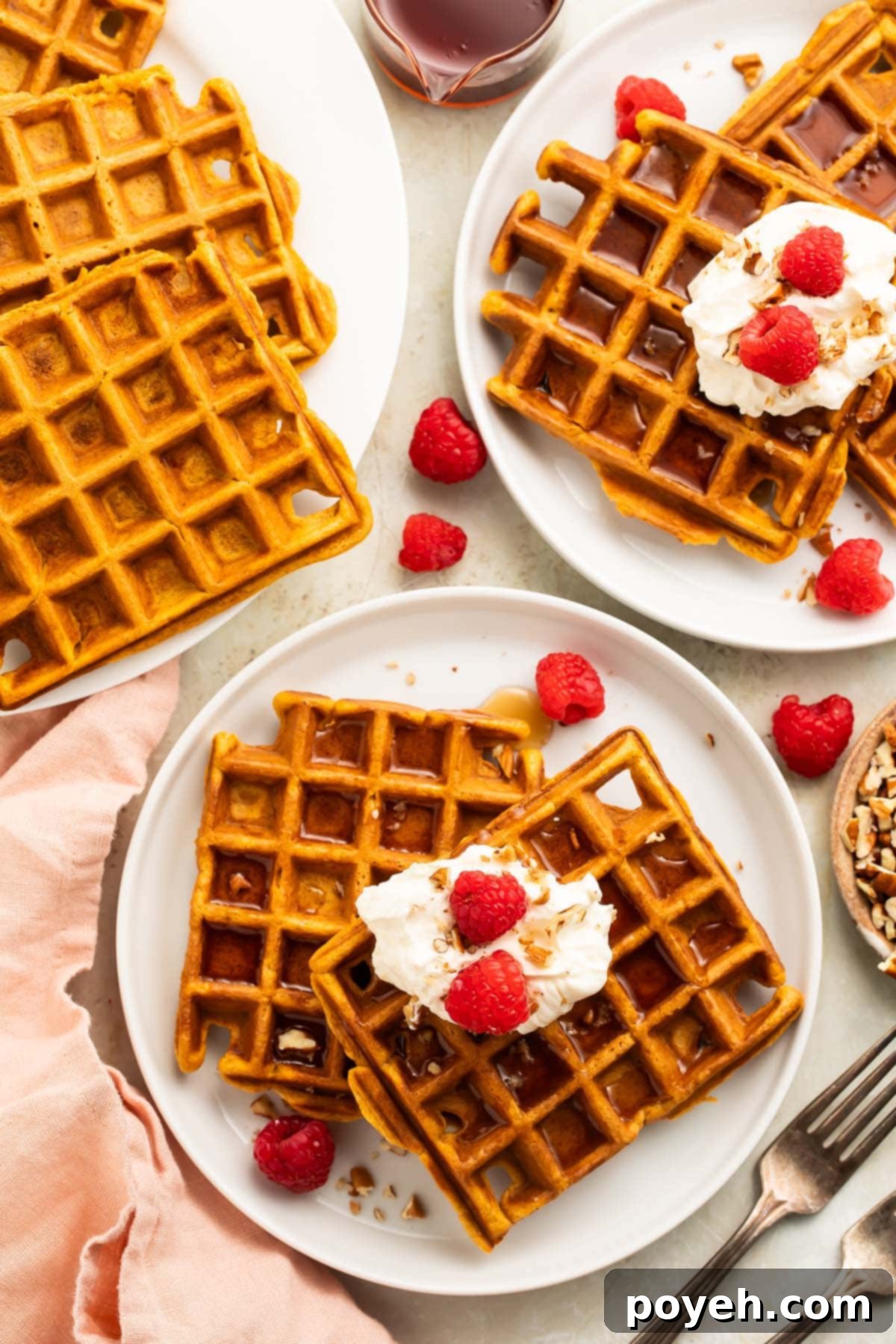 A stack of golden-brown sweet potato waffles on a white plate, garnished with whipped cream and fresh raspberries.