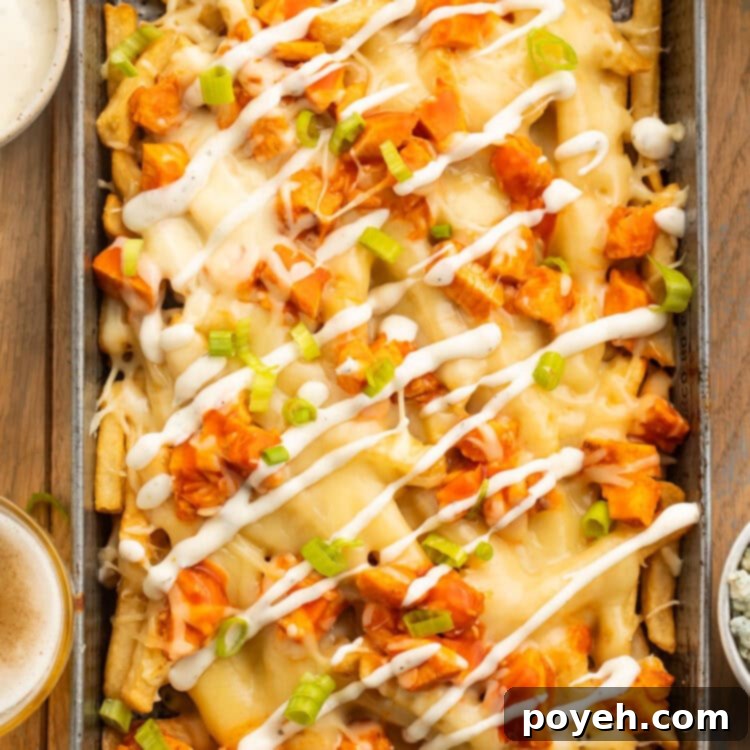 Buffalo Blaze Fries 4 Overhead view of a rectangular baking pan holding french fries topped with buffalo chicken, green onions, and a ranch dressing drizzle.