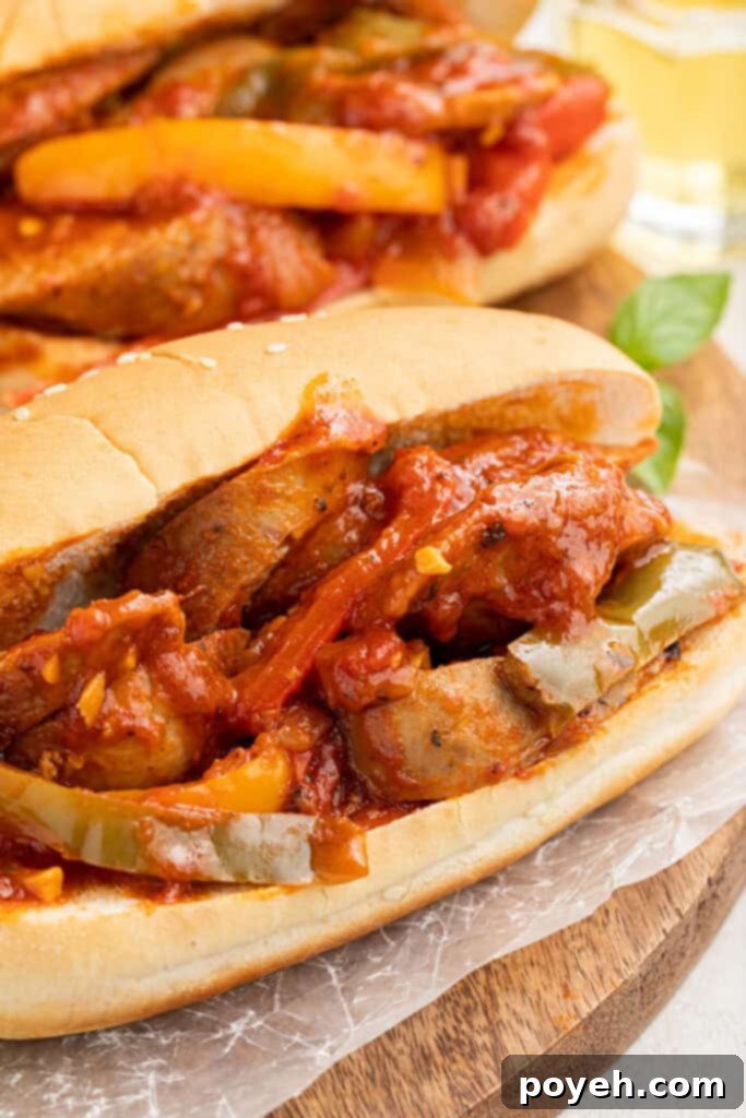 Two generously filled sandwiches with Instant Pot sausage and peppers, garnished with fresh parsley.