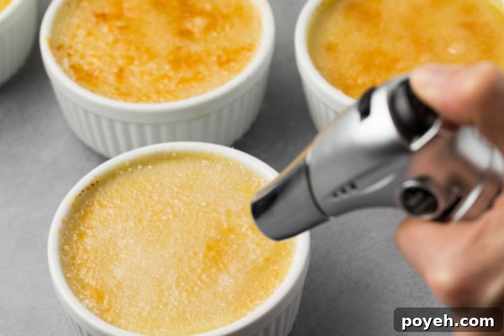 A hand expertly using a blowtorch to caramelize the sugar topping of a vegan crème brûlée, creating a perfect golden crust.