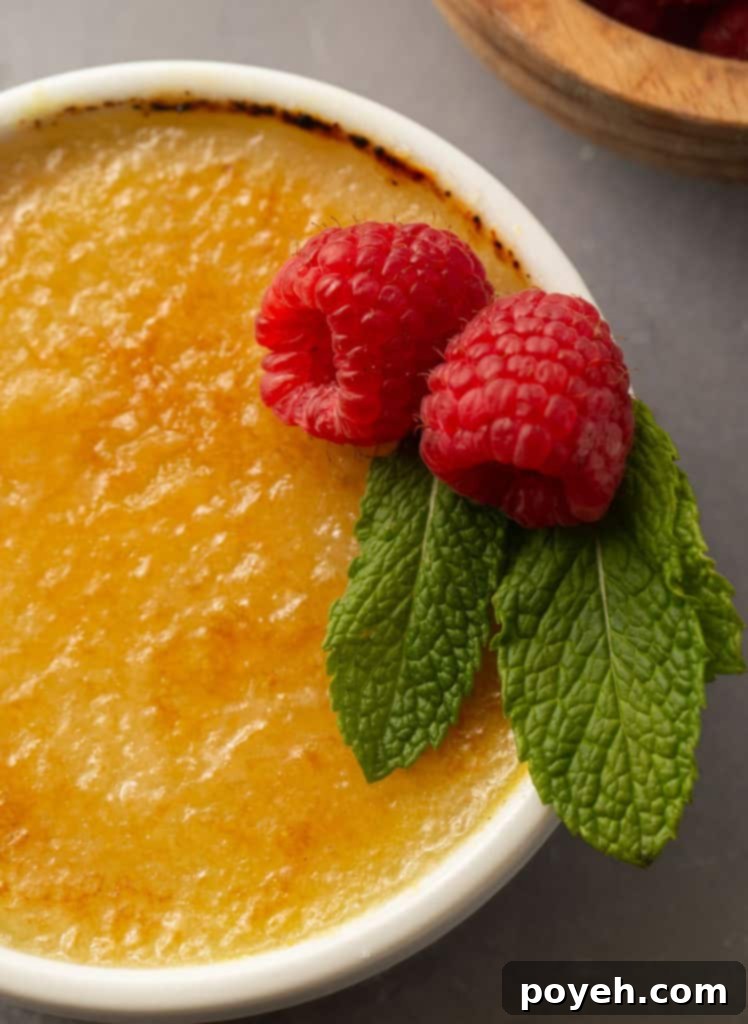 A ramekin filled with decadent vegan crème brûlée, garnished with fresh raspberries, showcasing its creamy texture.