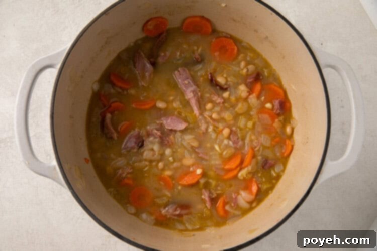 Large pot containing chicken broth, seasoned smoked turkey, carrots, celery, and beans, simmering on the stove.