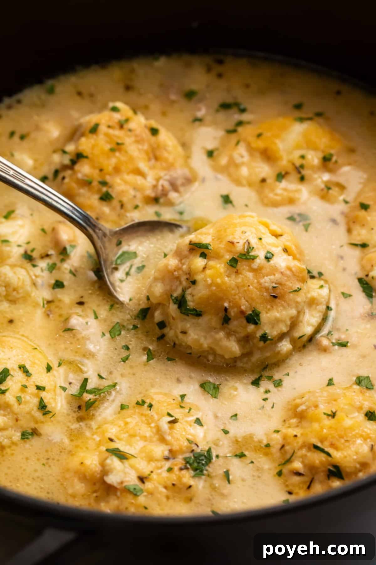 Spoon lifting a dumpling out of a Dutch oven of chicken and dumplings.