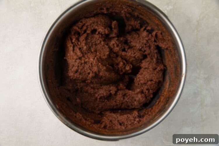 Chocolate cake batter in a silver mixing bowl