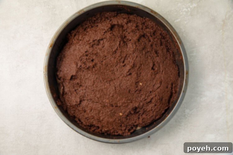 Chocolate cake in a silver round cake pan