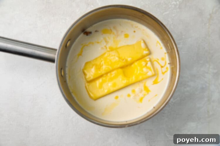 Two sticks of butter and heavy cream in a silver saucepan