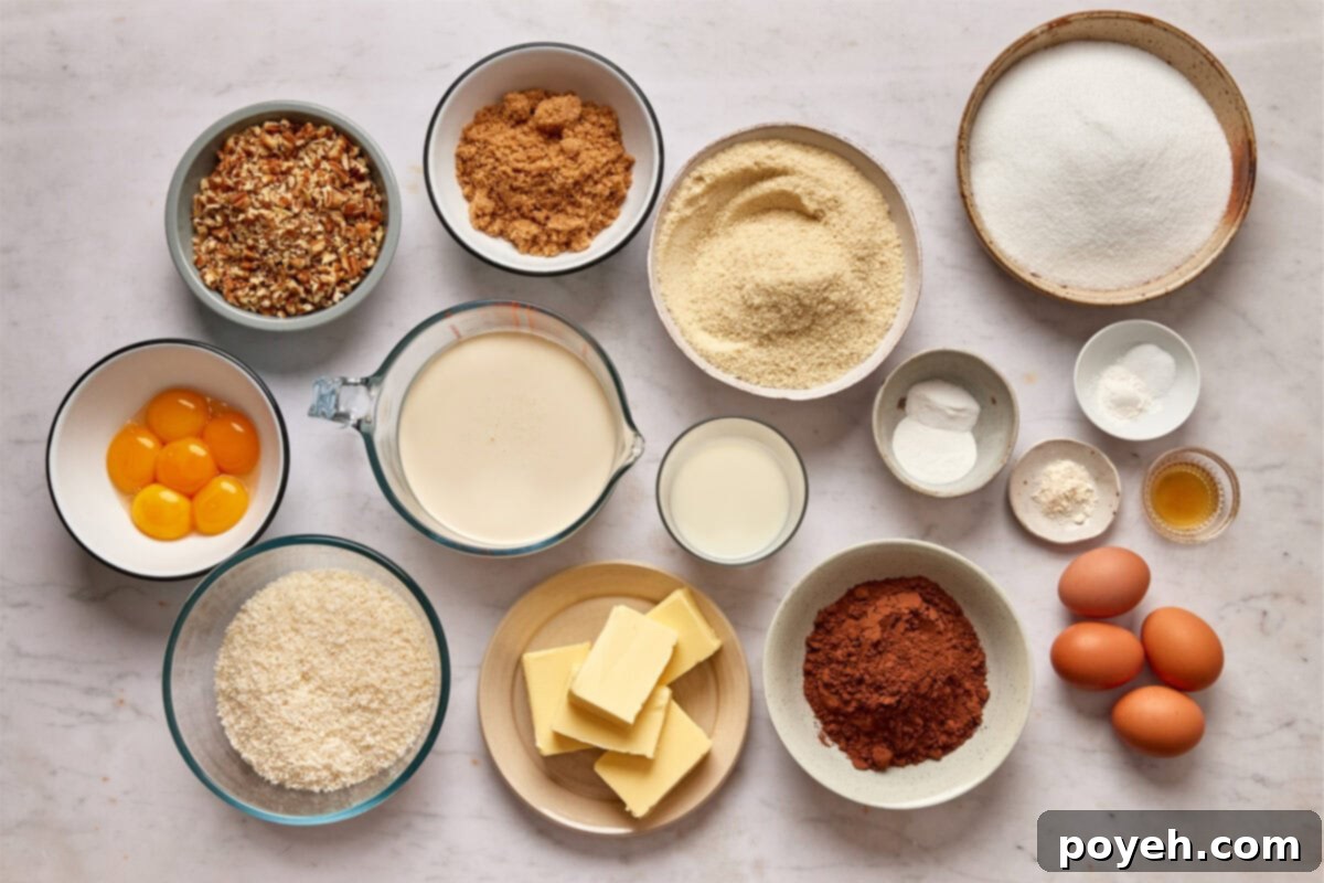 Bowls of measured ingredients to make a Keto German Chocolate Cake on the countertop.