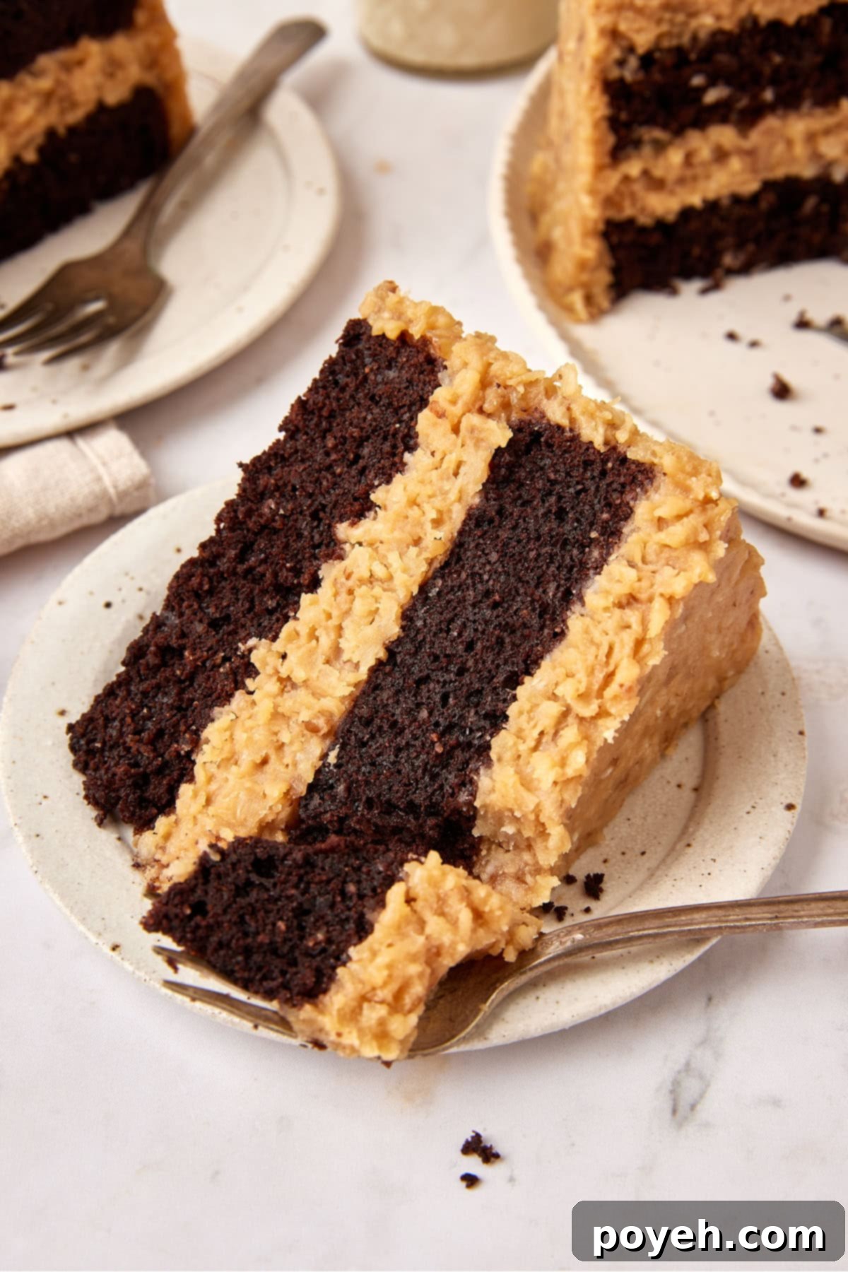 Plated slice of cake with a fork taking a piece out of the thin edge of the wedge.
