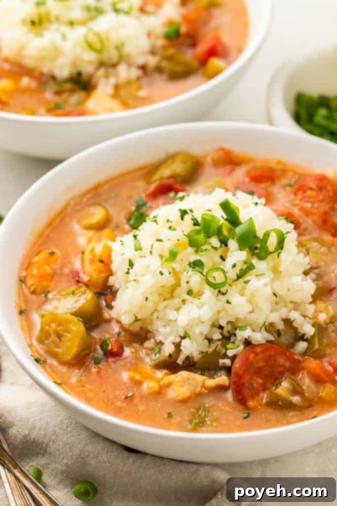 White bowl of keto gumbo with cauliflower rice